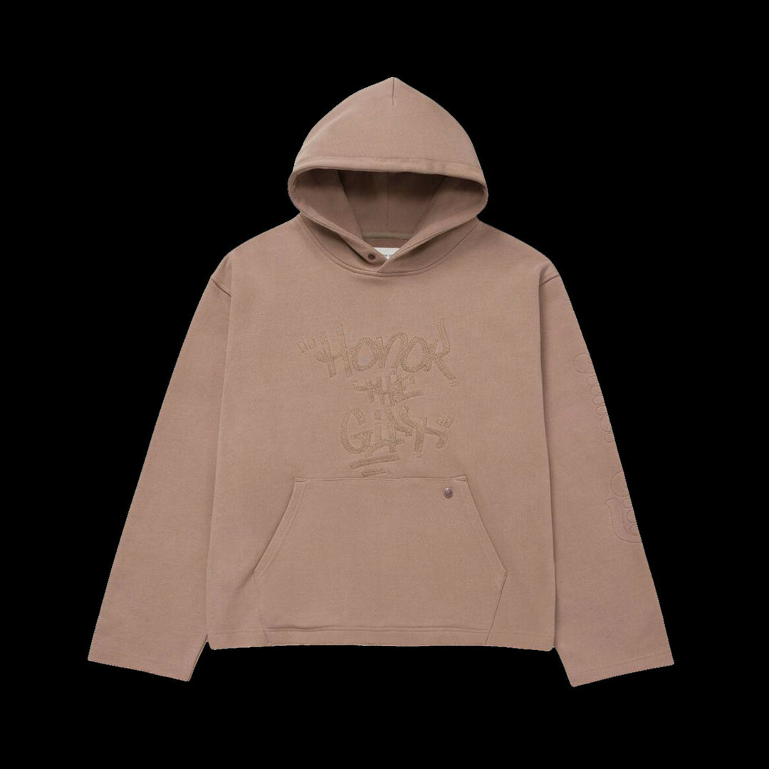 Honor The Gift Script Embroidered Hoodie (Light Brown)