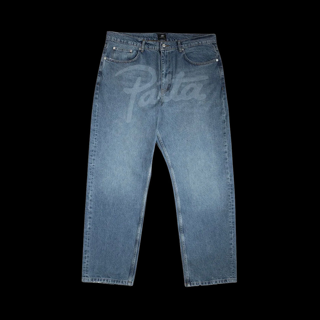 Patta Laser Print Whisker Denim Jeans (Light Blue Denim)